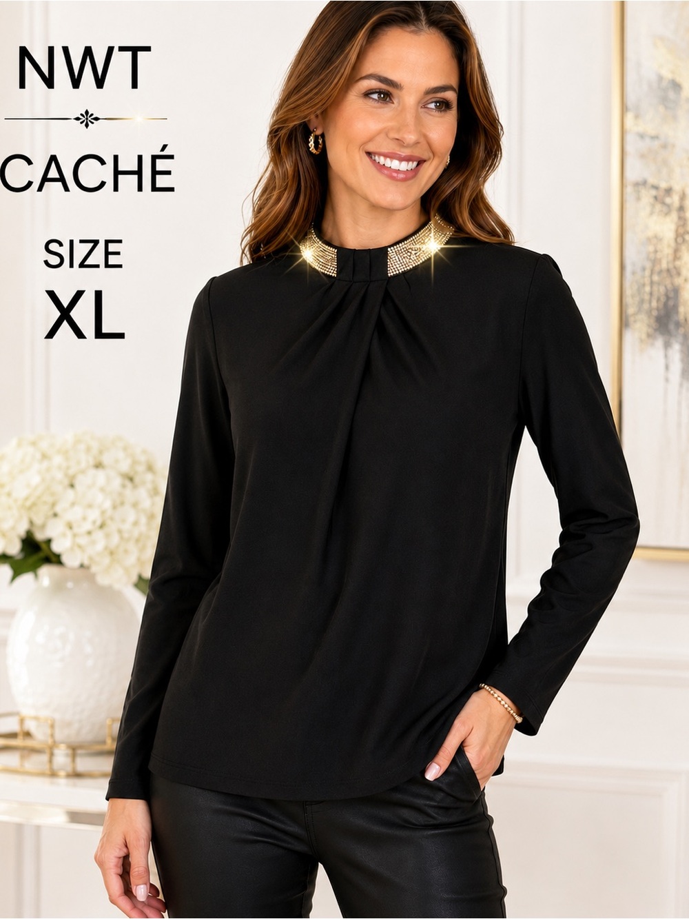 NWT Cache XL Black Rhinestone Mock Neck Blouse Discontinued Brand